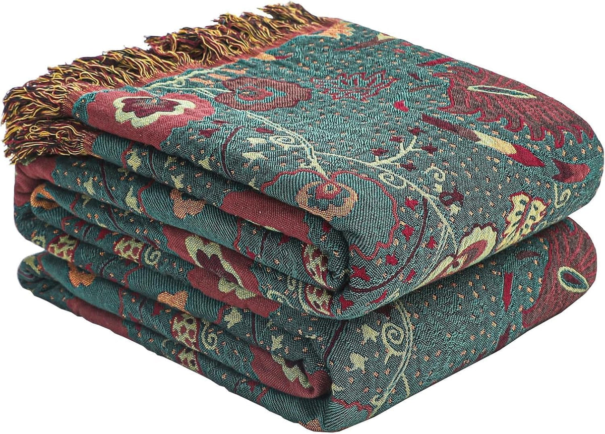 Floral Rustic Large Boho Throw Blanket 90"x98" Orange&Sage Green