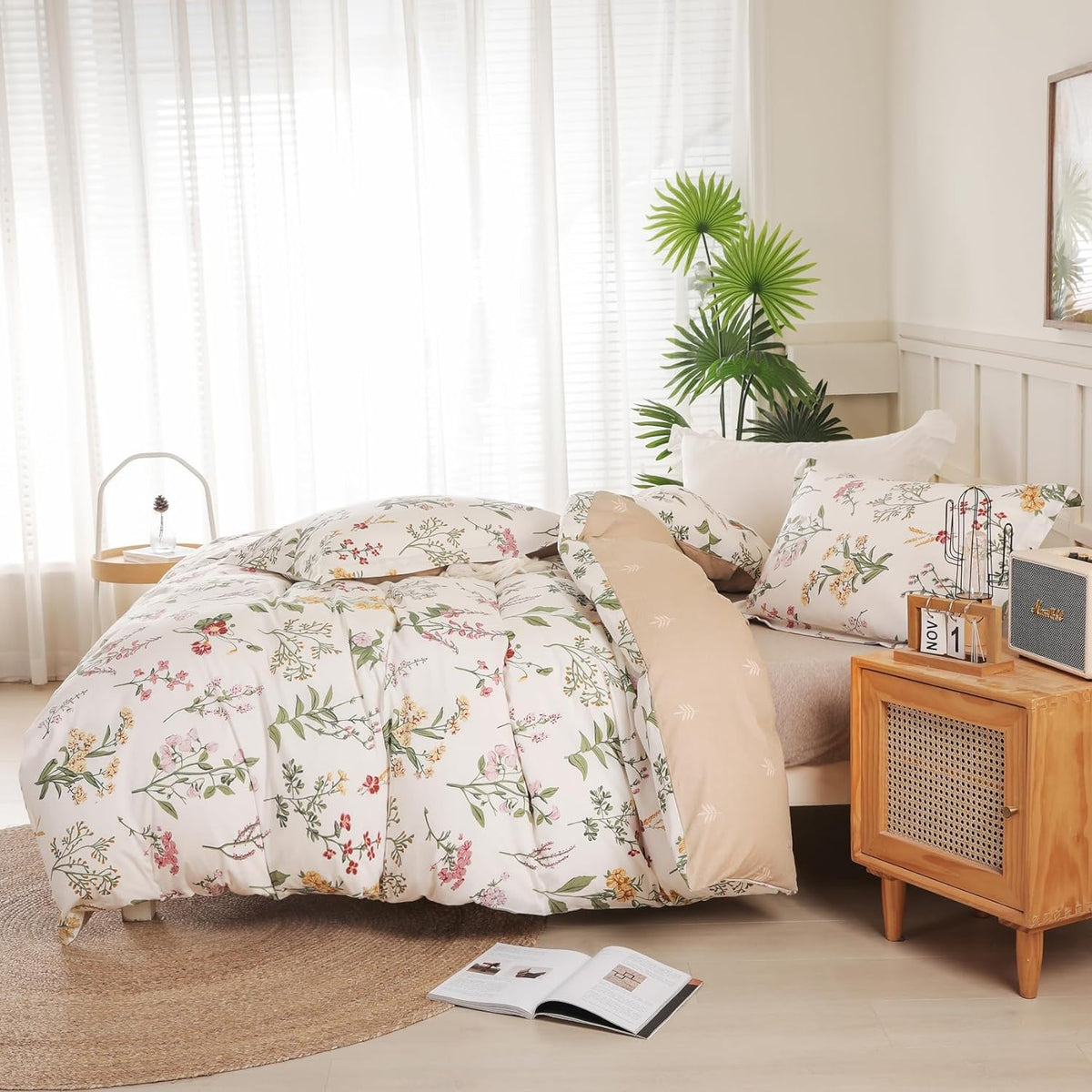 OAITE Queen Duvet Cover Set 3pcs 100% Cotton Wildflower Botanical