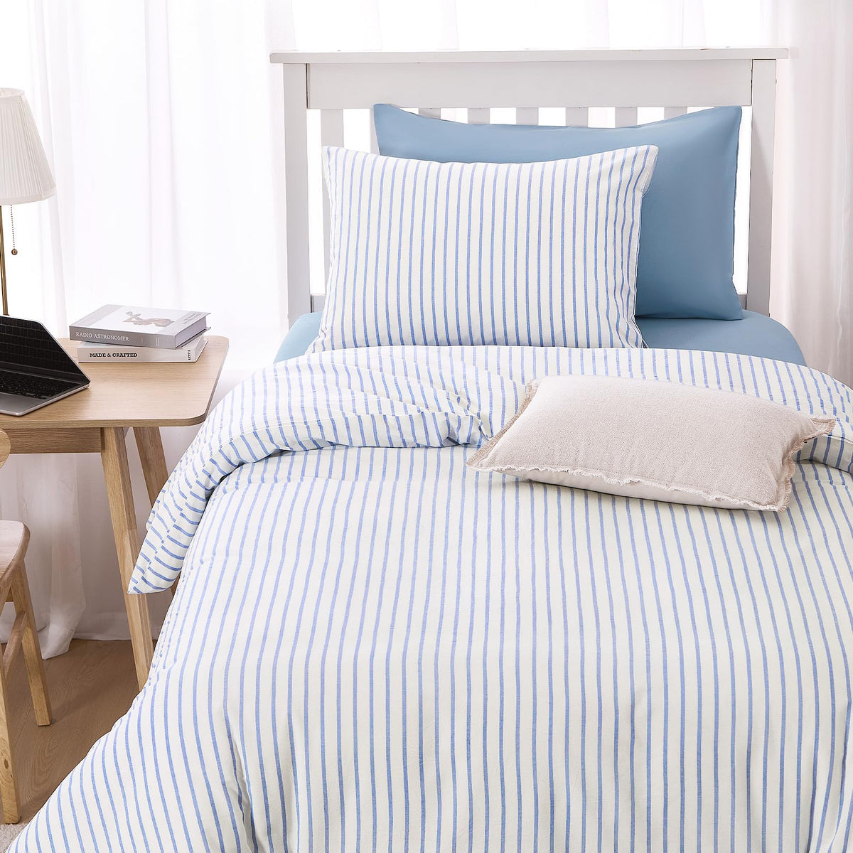 Wake In Cloud Striped Cotton Duvet Cover Set, White, Queen