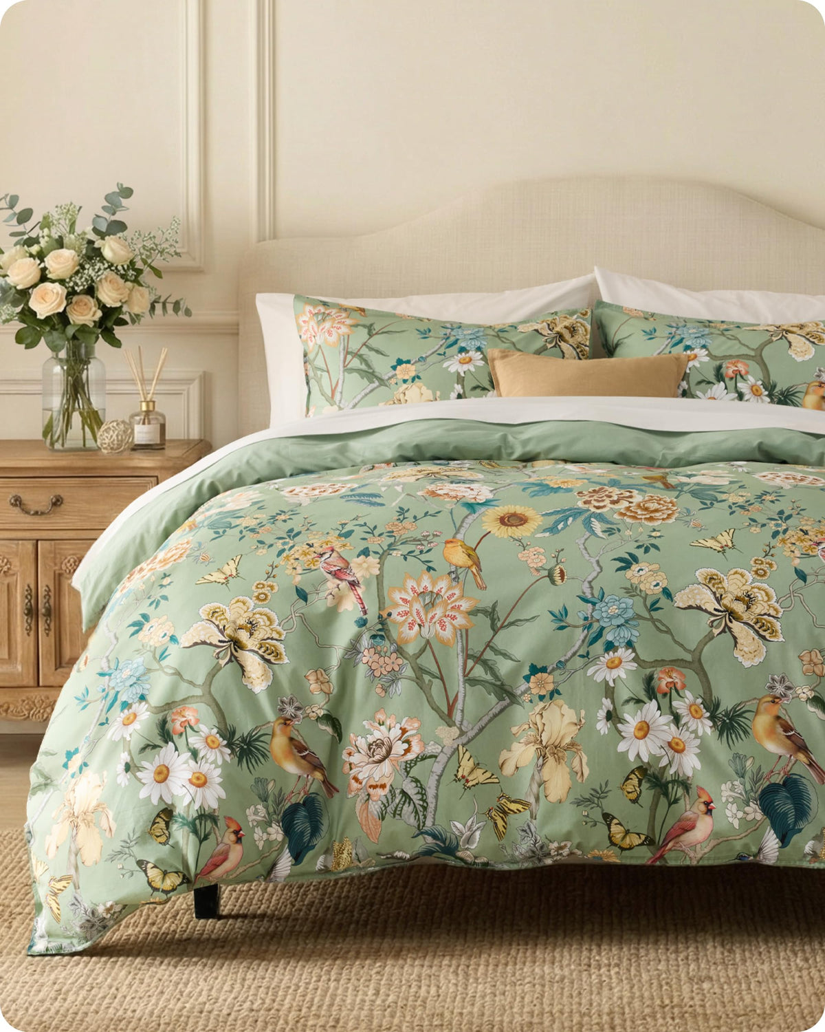 Bedsure PureWoven 100% Cotton Floral Duvet Cover Set, Queen, Green