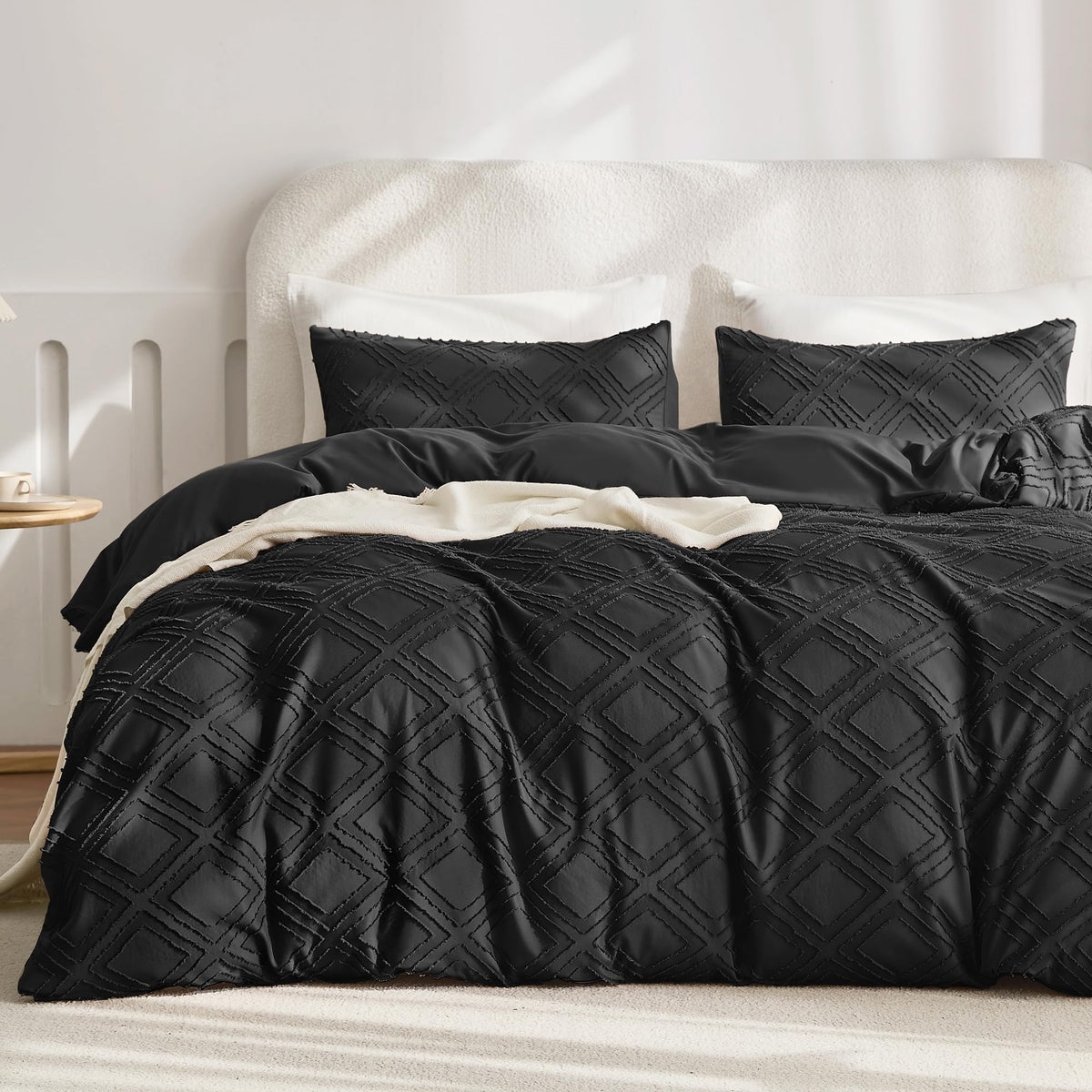 JELLYMONI White Striped Tufted Duvet Cover Set Queen Size