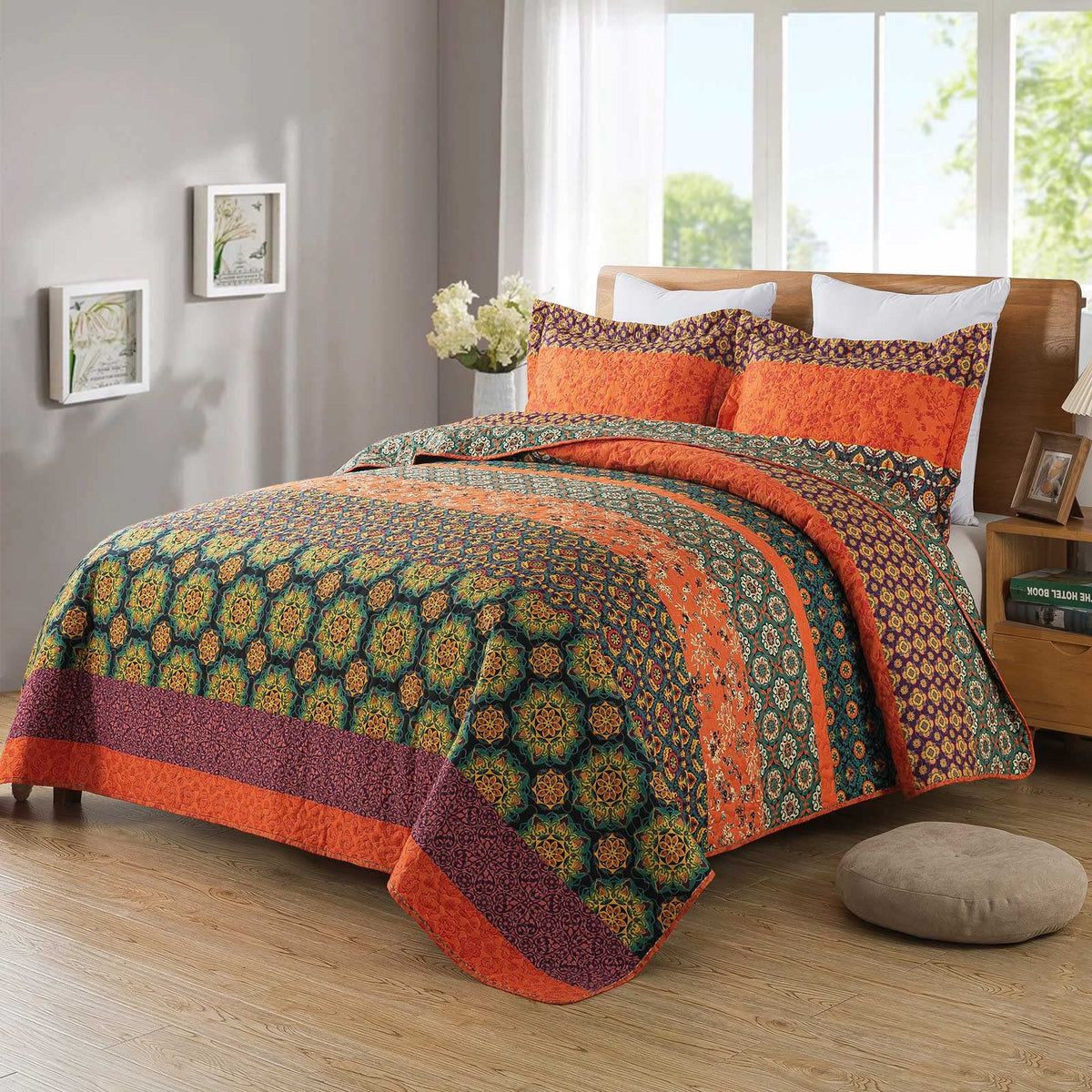 Travan 3-Piece Quilt Set Quilted Bedspread Lightweight Coverlet Set Garden Style Floral Printed Oversized Quilted Bedding Set with Shams for All Season, Exquisite, King Size