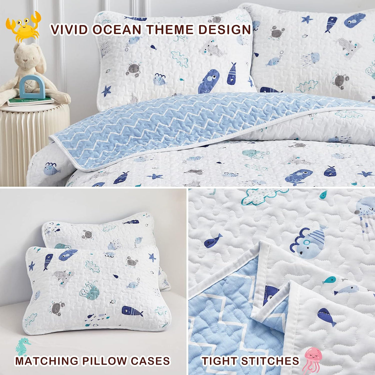 Joyreap 2-Piece Cotton Quilt Set Twin, Vibrant Ocean Theme Starfish Whale Crab Printed on White, Smooth Soft Quilt Bedspread Bed Cover for All Season, 1 Quilt and 1 Pillow Sham- 68x86 inches