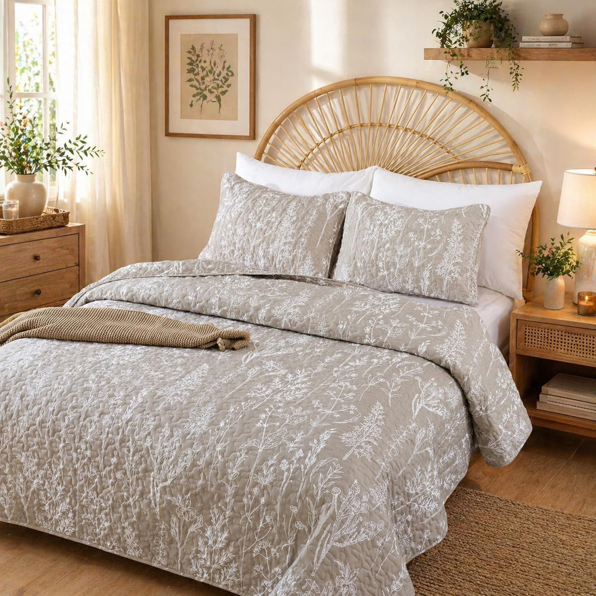 JANZAA Quilts Queen Size, Sage Green Bedspread 3 Pcs Floral Bedding Set