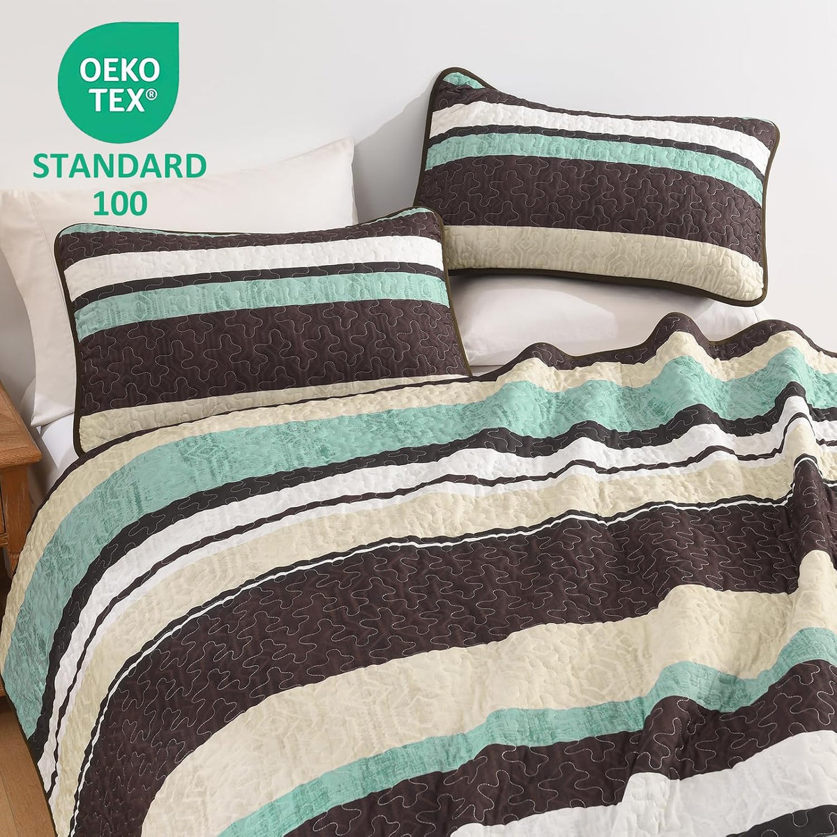 Dobuyly King Size Striped Quilt, Boho Brown Lightweight Bedspread Bedding