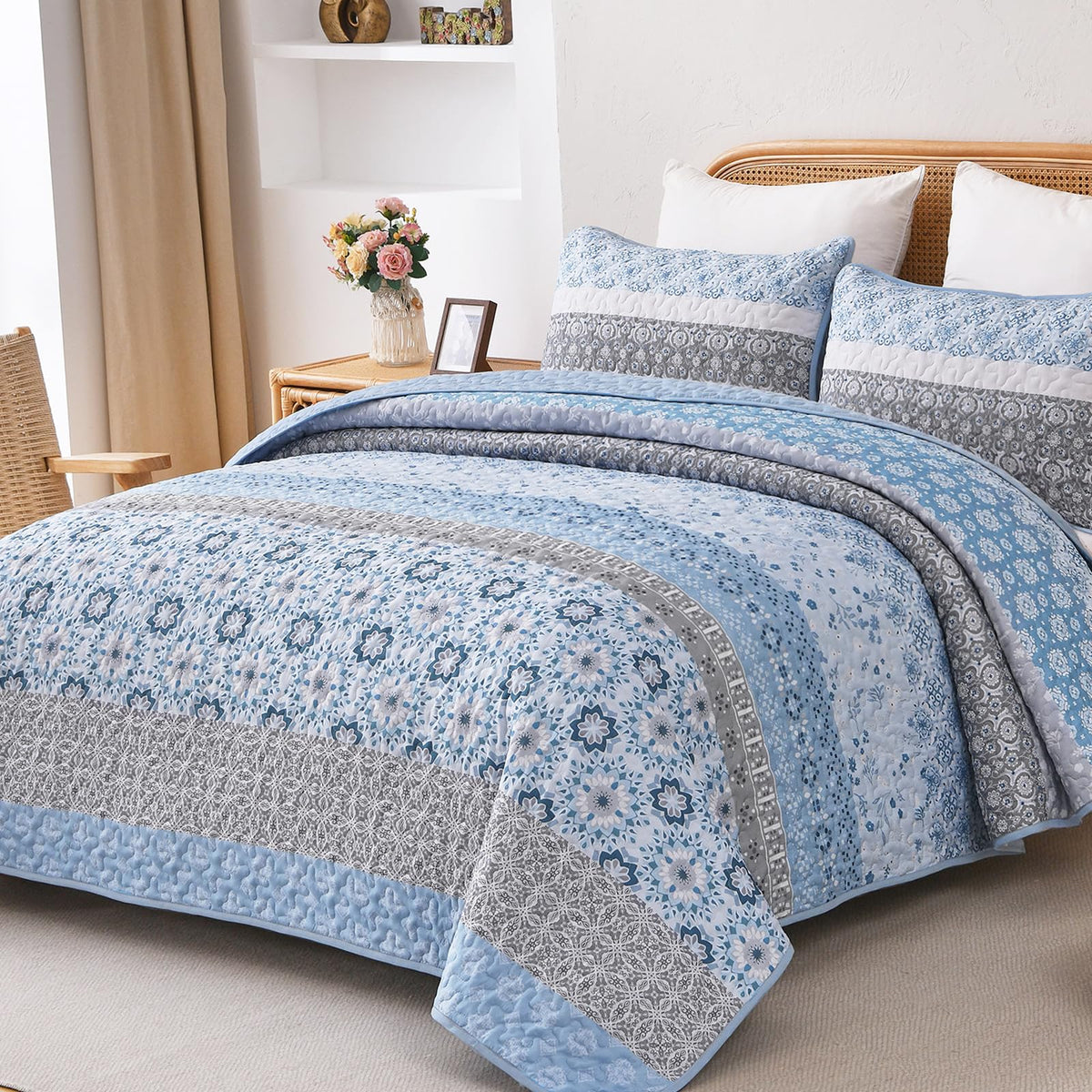 WONGS BEDDING Boho Quilt Set Queen，3 Pcs Yellow Floral Striped Bedspread
