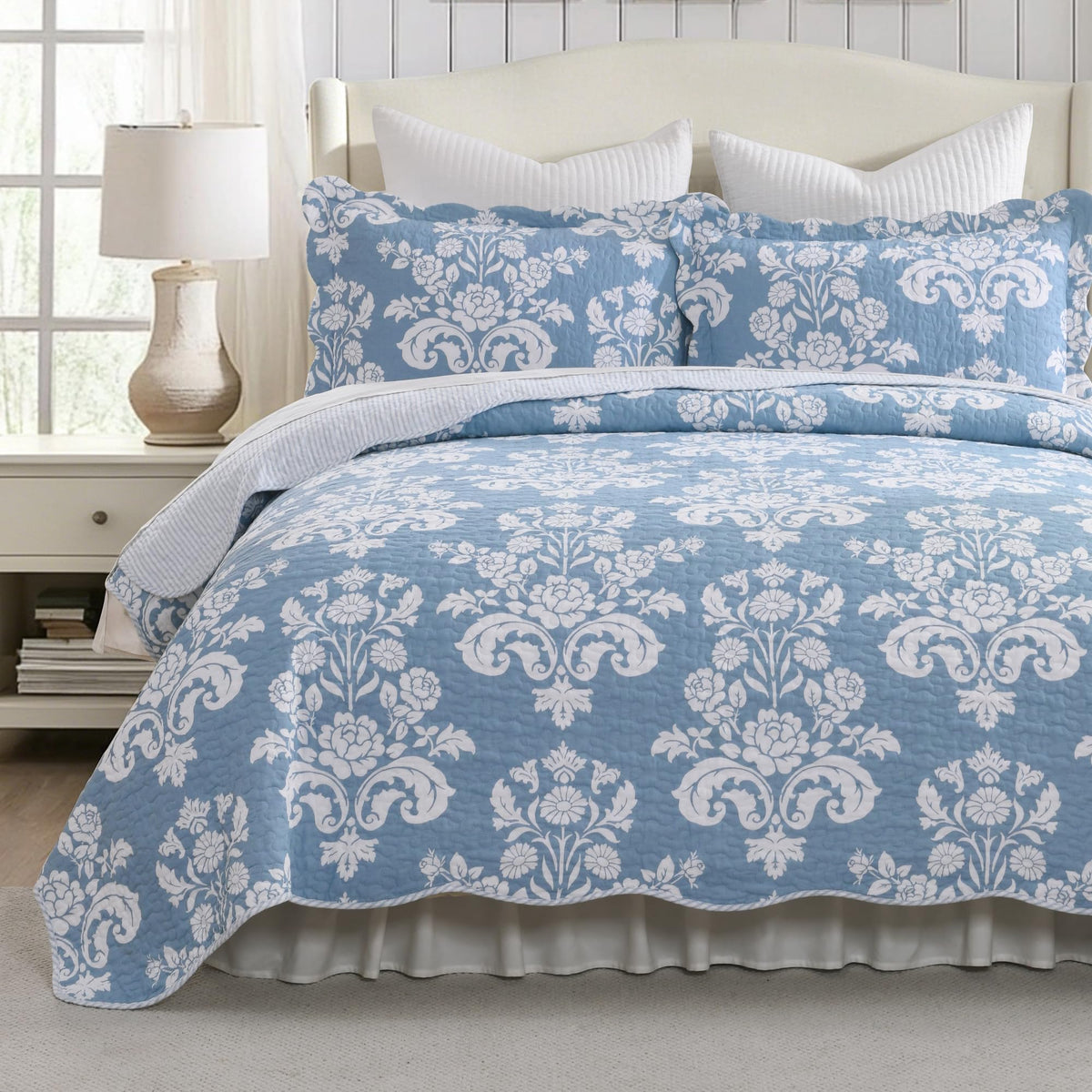 100% Cotton King Quilt Set Taupe Floral Bedding and 2 Pillow Shams