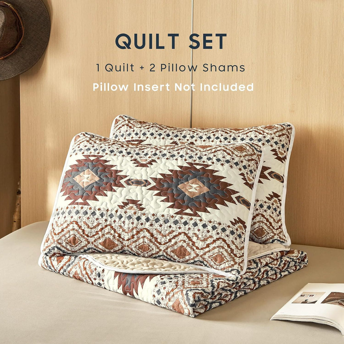 Wake In Cloud - Western Quilt Set, Southwestern Aztec Country Style with Rustic Ranch Vibe, Reversible Lightweight Bedspread Coverlet, 3 Pieces, Beige Brown, Twin/Twin XL Size