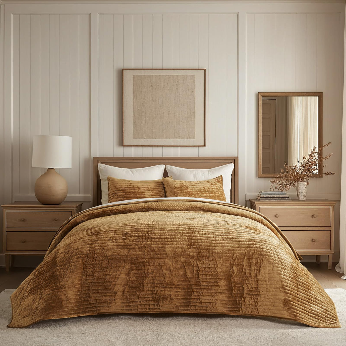 EverGrace Stripe Channel Luxury Velvet Quilt Set King Size, Mocha Brown