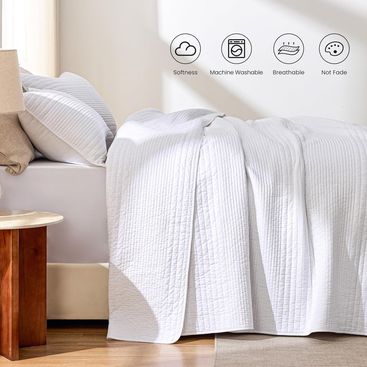 Love's cabin Queen Size Cotton Quilt Set, 100% Cotton Fabric Striped Textured Coverlet with Crinkled Look, Lightweight Quilted Bedspread for All Season, Includes 2 Pillow Shams, White