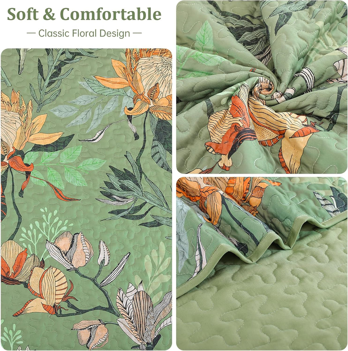 Dintszyayue Quilt King Size Green, 3 Pcs Boho Floral Bedspread Bedding Set