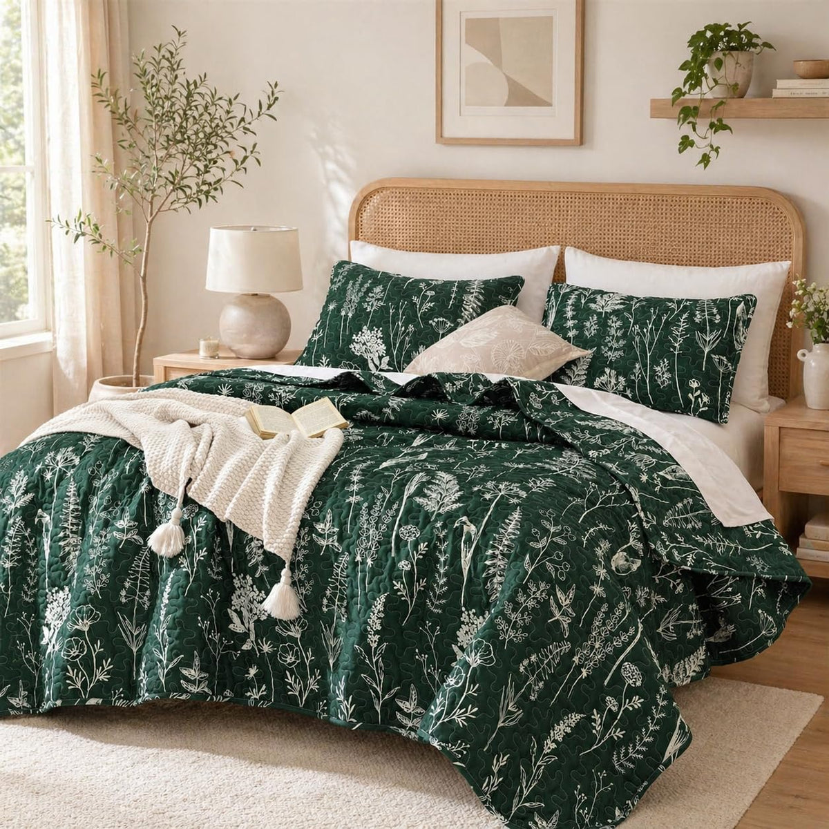 JANZAA Quilts Queen Size, Sage Green Bedspread 3 Pcs Floral Bedding Set