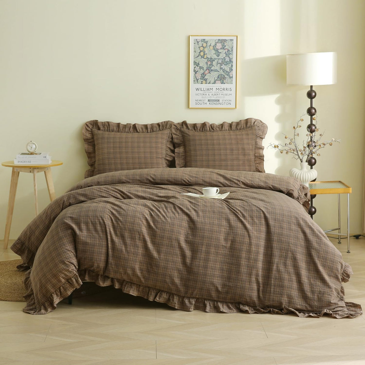 Silnuo Light Blue/White Gingham Plaid Ruffle Duvet Cover Set King Size