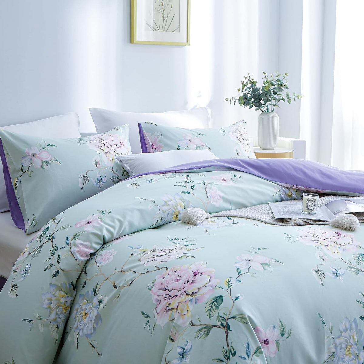 BOLINLIVINGFloral Duvet Cover Set Queen Size, 3Pcs Bedding Set,Green&Purple