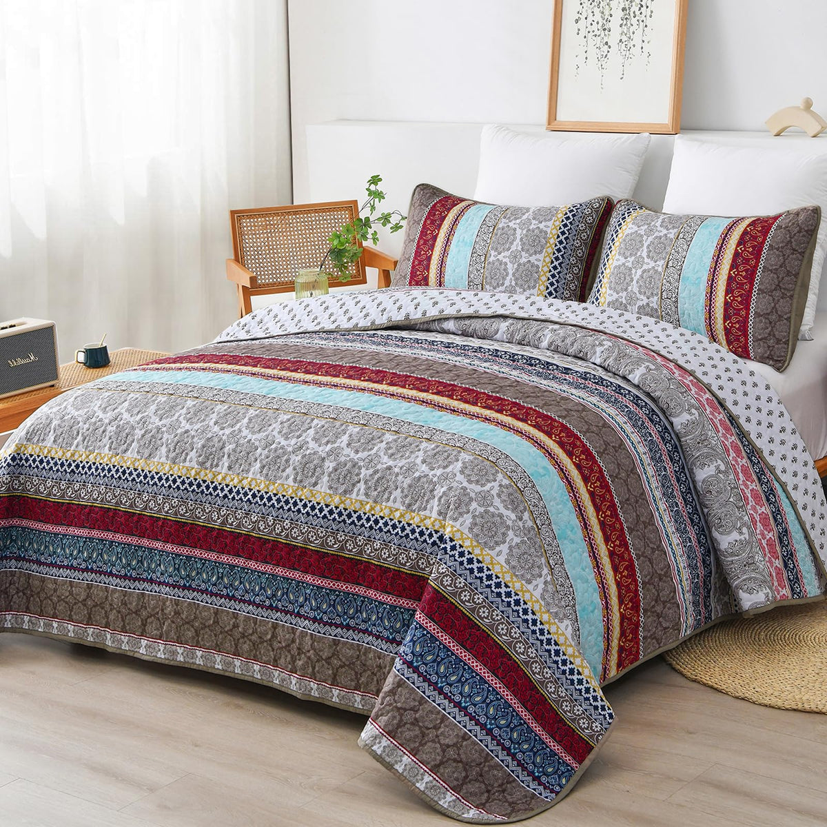 WONGS BEDDING Boho King Quilt Set，3 Pcs Light Blue Summer Bedspread