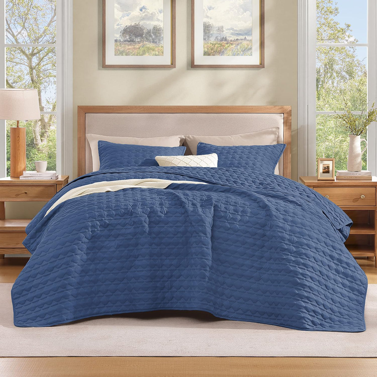 Litanika King Quilt Bedding Set, 3 Pieces Teal Blue Bedspreads Set