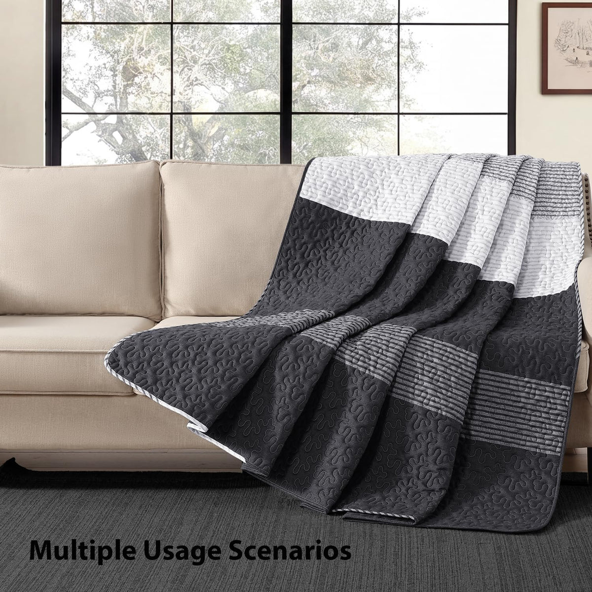 Litanika Queen Size Quilt, 3 Pcs Black and White Stripe Bedding Set