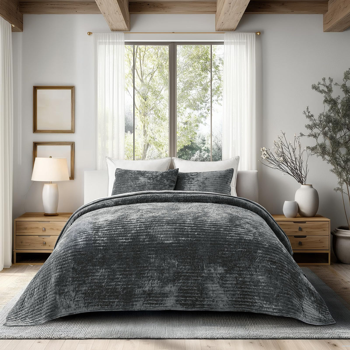 EverGrace Stripe Channel Luxury Velvet Quilt Set King Size, Mocha Brown