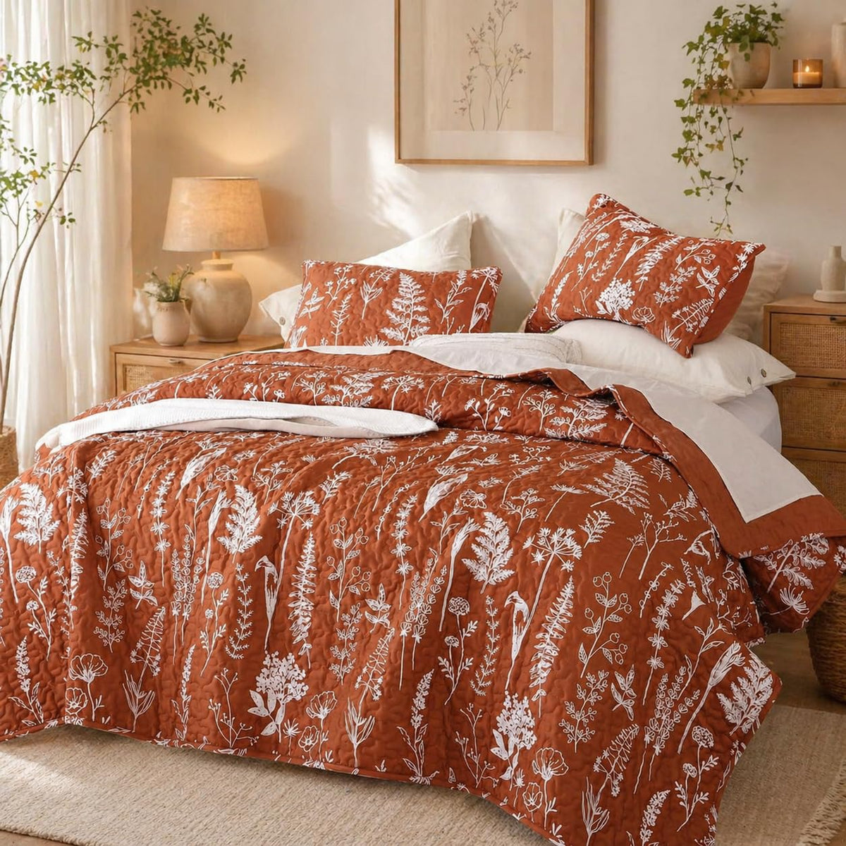 JANZAA Quilts Queen Size, Sage Green Bedspread 3 Pcs Floral Bedding Set