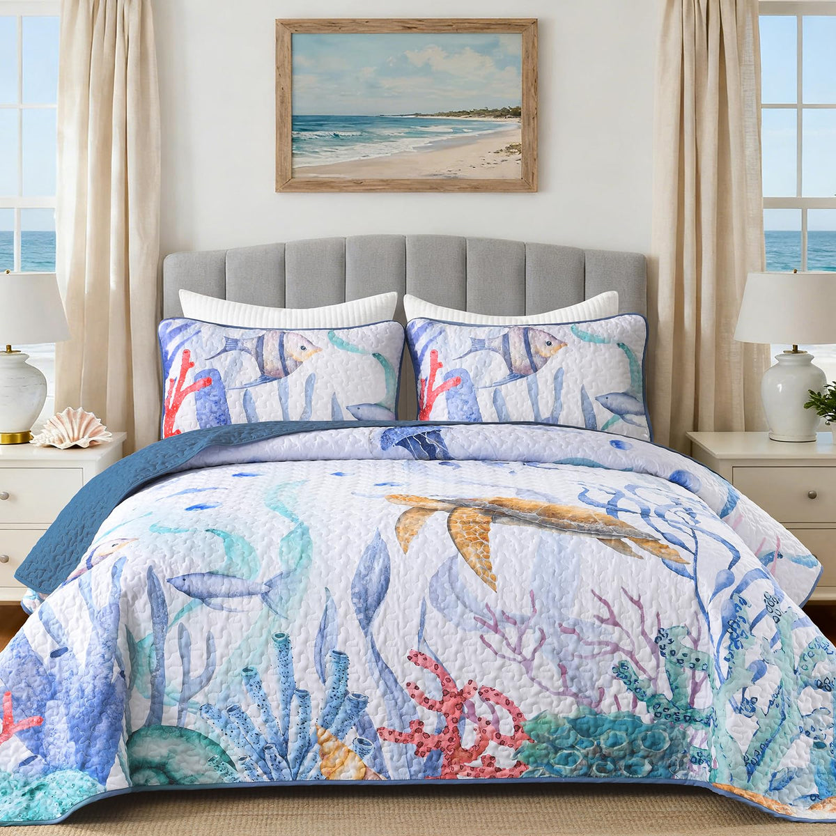DJY Ocean Coastal Quilt Queen Size, 3 Pcs Sea Turtle Theme Bedspread Set