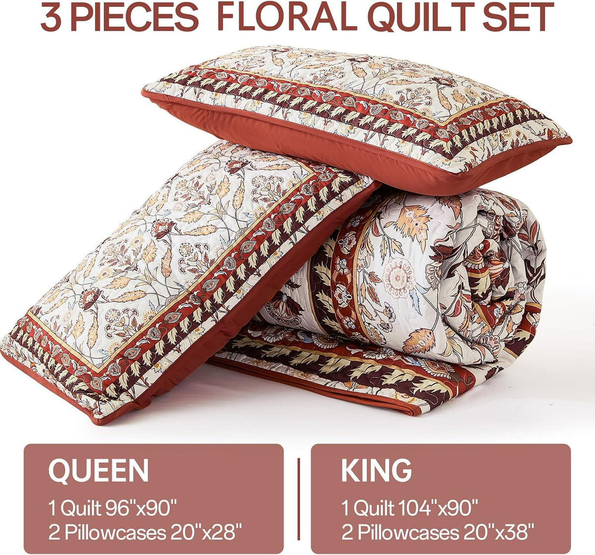 DJY King Size Quilt Sets, Burgundy Floral Quilt Set King 3 Pieces Red Boho Bedspread Coverlet Set with 2 Pillowcases Soft Lightweight Microfiber Bedding for All Season (104"x90")