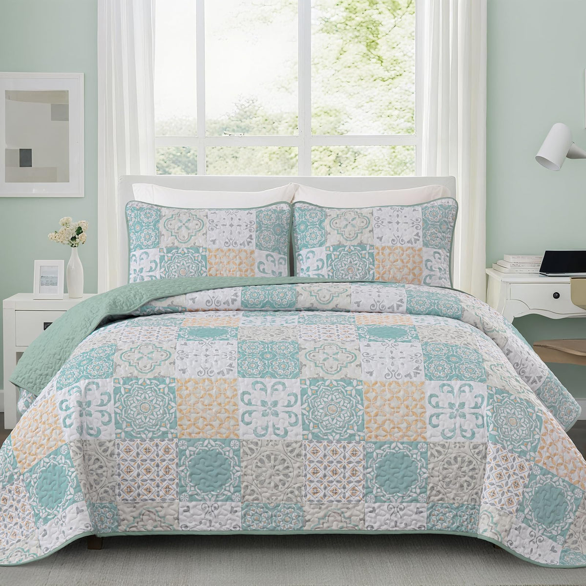 Dobuyly Queen Quilt Set Aqua Blue Patchwork Bedspread 3 Piece