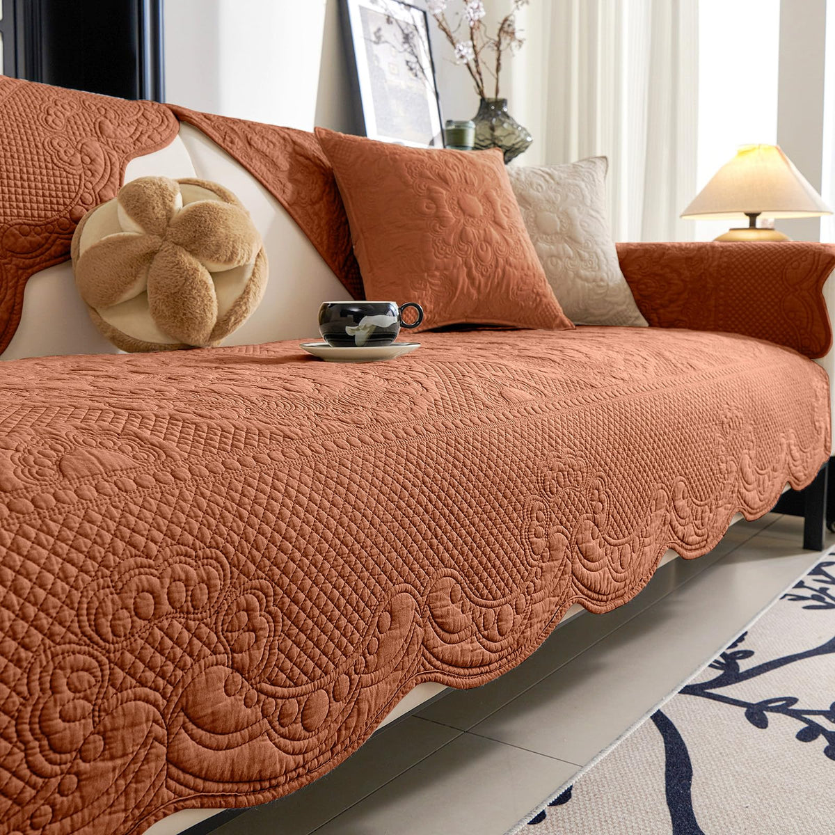 vctops Boho Cotton Quilted Couch Cover Soft Embroidered Sofa Cover Non-Slip Dog Bed Cover Scalloped Sofa Slipcover Washable Furniture Protector Cover (Khaki,28"x28")
