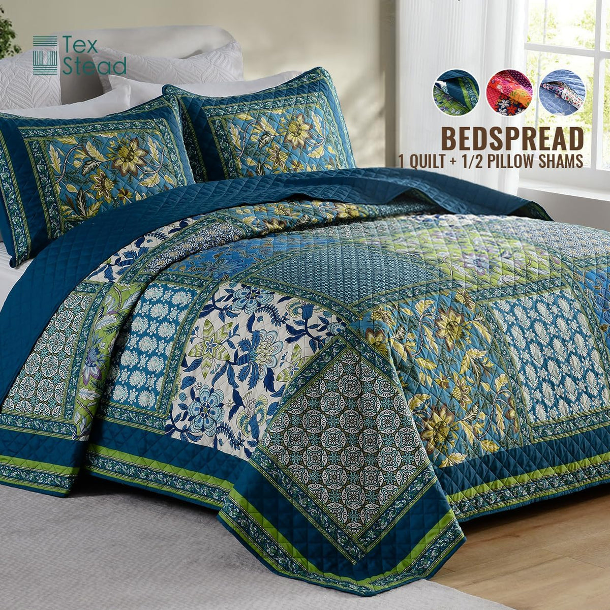 Twin Quilt Set - Washed Quilted Patchwork Comforter Coverlet, Lightweight Breathable Bedspread for All Seasons, Reversible 68"x90" with 2 Pillow Shams, Machine Washable