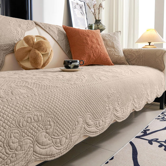vctops Boho Cotton Quilted Couch Cover Soft Embroidered Sofa Cover Non-Slip Dog Bed Cover Scalloped Sofa Slipcover Washable Furniture Protector Cover (Khaki,28"x28")