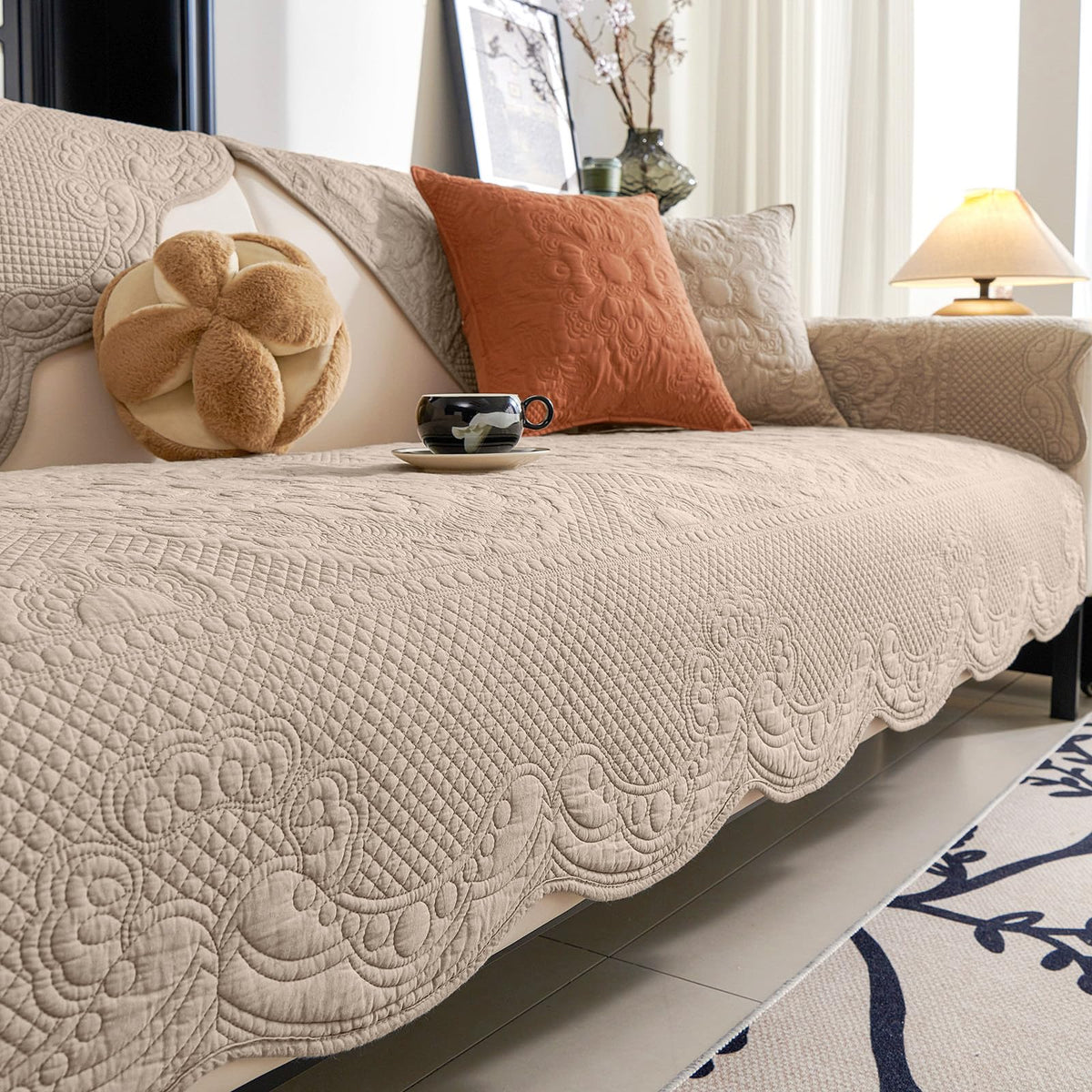 vctops Boho Cotton Quilted Couch Cover Soft Embroidered Sofa Cover Non-Slip Dog Bed Cover Scalloped Sofa Slipcover Washable Furniture Protector Cover (Khaki,28"x28")