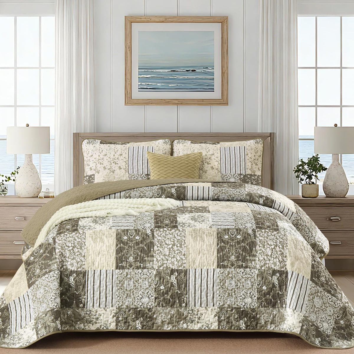 Drucon Green Patchwork Queen Quilt Set, Spring Summer Bedspreads Bedding Set, 3 Pieces Lightweight Soft Plaid Coverlet with 2 Pillow Shams for All Season 96x90 Inch