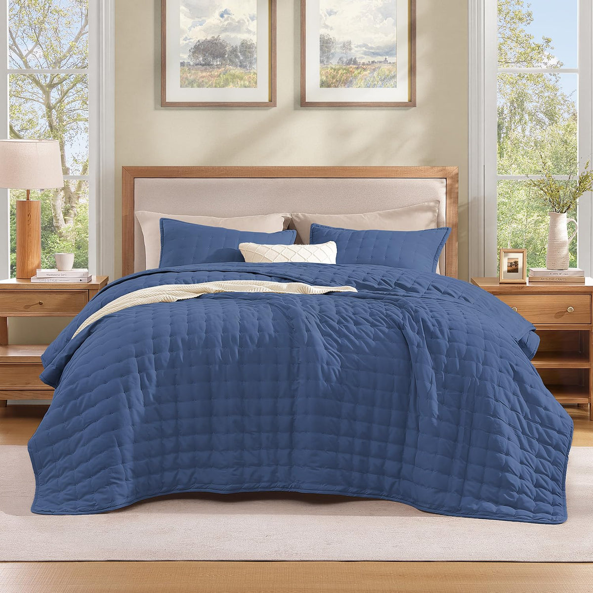 Litanika King Quilt Bedding Set, 3 Pieces Teal Blue Bedspreads Set