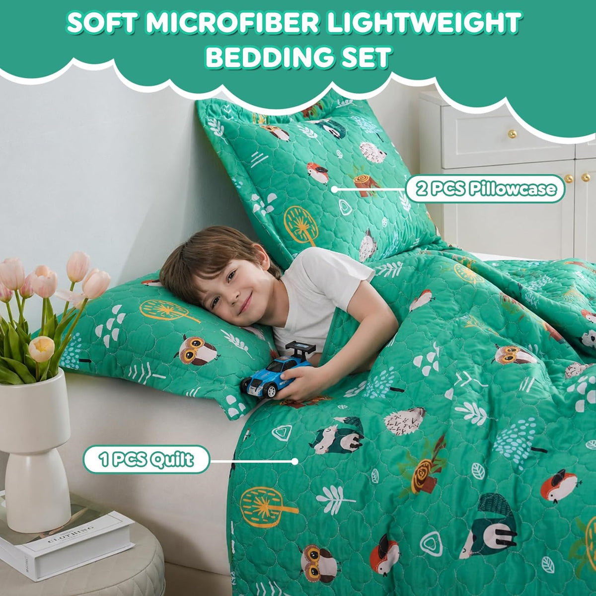 Green Forest Animals Themed Quilt Set Full Size for Boys, 3 Pieces