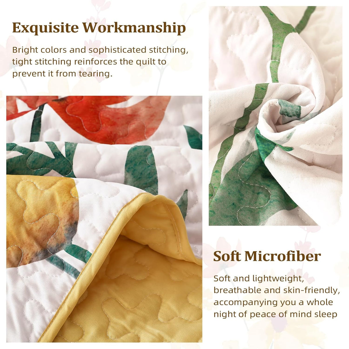 Anibedding Floral Quilt Set King, 3 Pieces Yellow Lightweight Bedspread
