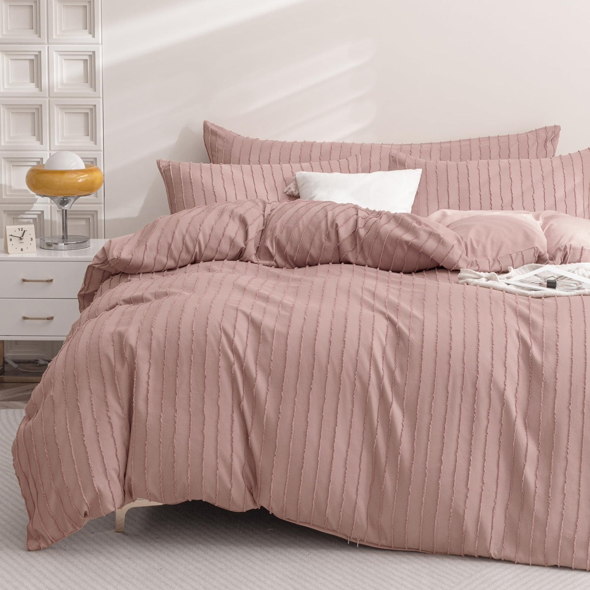 JELLYMONI White Striped Tufted Duvet Cover Set Queen Size