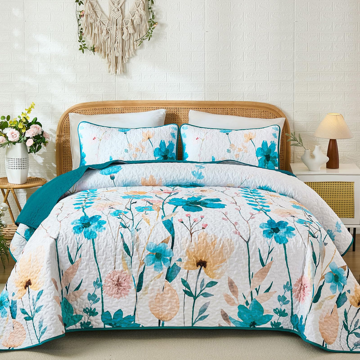 Anibedding Floral Quilt Set King, 3 Pieces Yellow Lightweight Bedspread