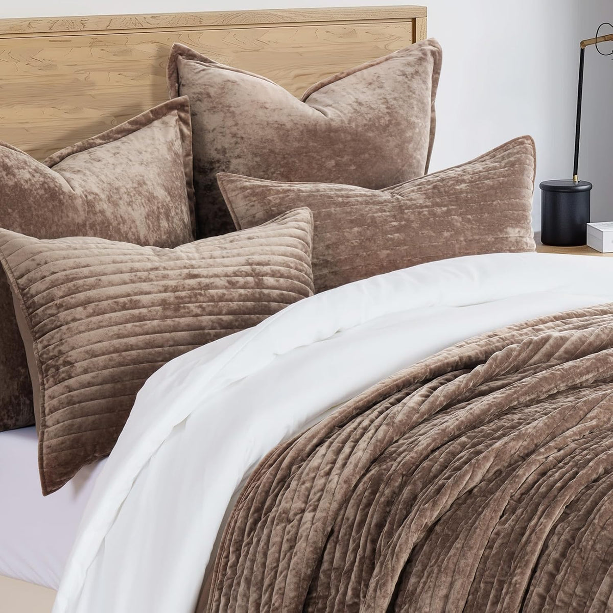 EverGrace Stripe Channel Luxury Velvet Quilt Set King Size, Mocha Brown