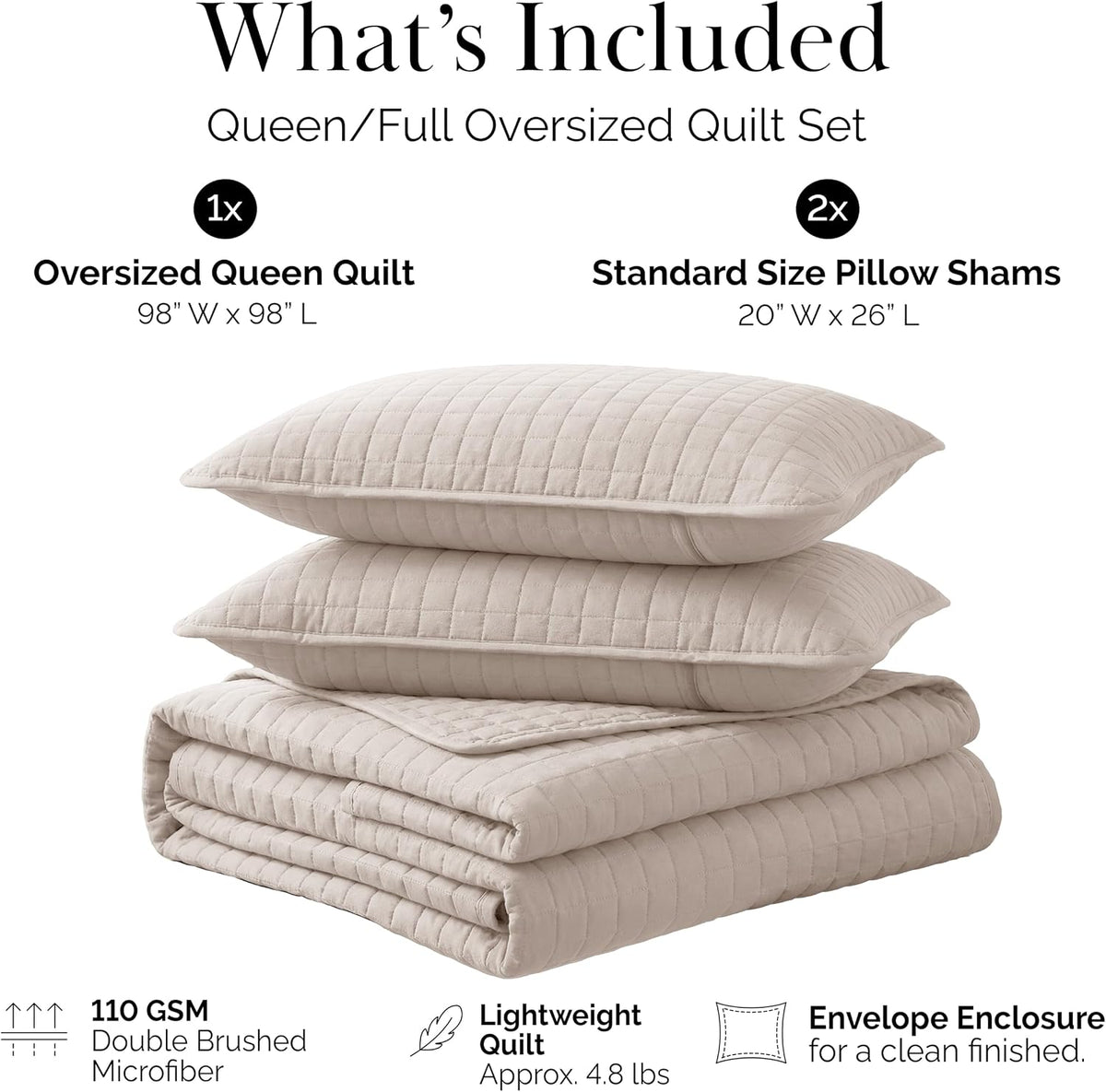 Queen Quilt Bedding Set with 2 Matching Quilted Pillow Shams, Natural Beige