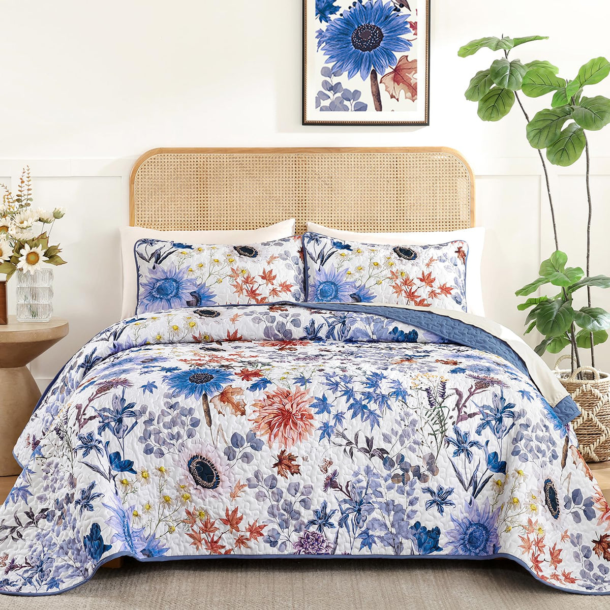 Yiran Beige Floral Quilt King Size, Sunflower Bedspreads Bedding Set