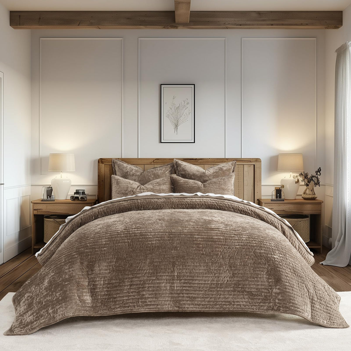 EverGrace Stripe Channel Luxury Velvet Quilt Set King Size, Mocha Brown
