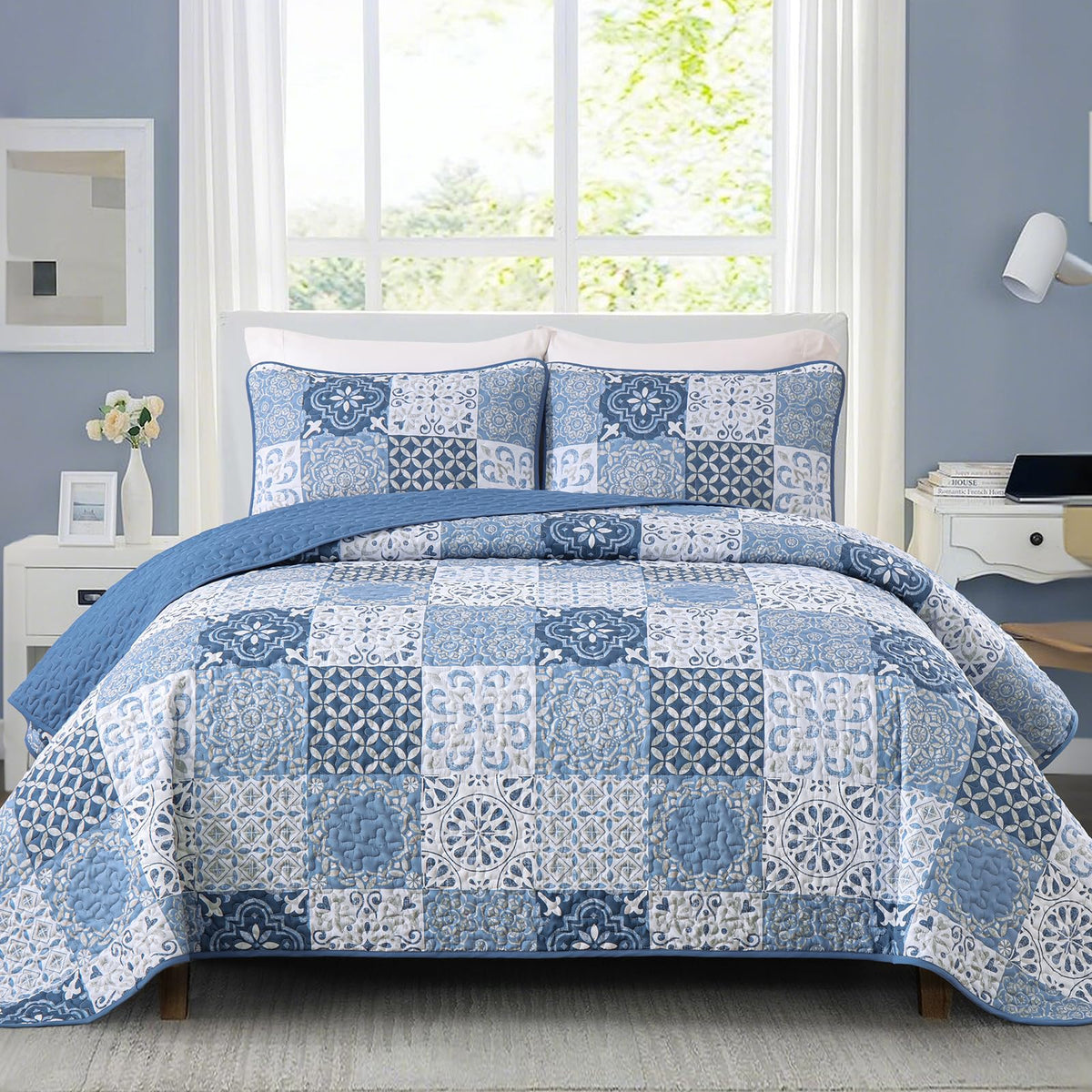 Dobuyly Queen Quilt Set Aqua Blue Patchwork Bedspread 3 Piece