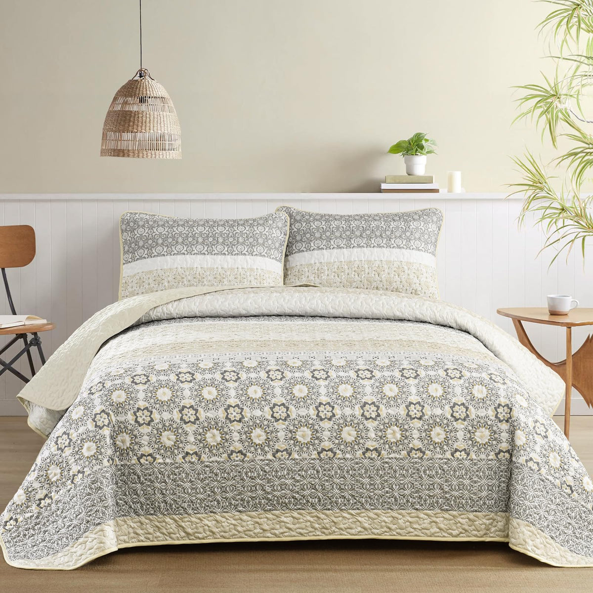 WONGS BEDDING Boho Quilt Set Queen，3 Pcs Yellow Floral Striped Bedspread