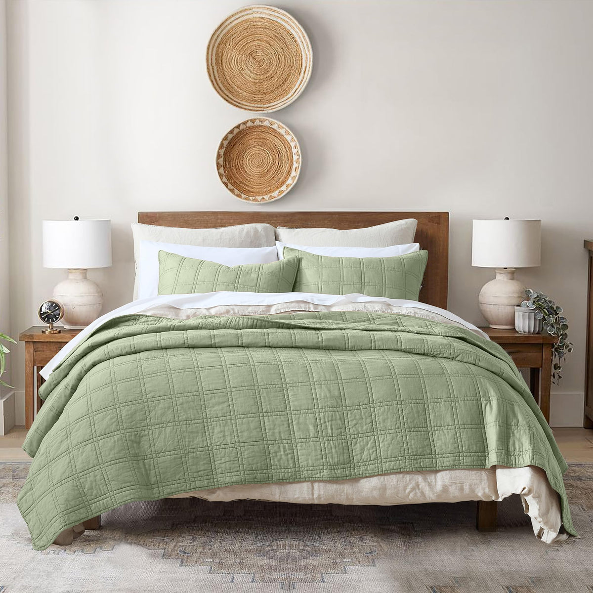HORIMOTE HOME 100% Cotton Quilt Set Twin Size, White Pre-Washed 2-Piece Bedspread Coverlet Set, Cozy Lightweight Stitching Decorative Bedding Cover with 1 Shams in Geometric Pattern for All Season