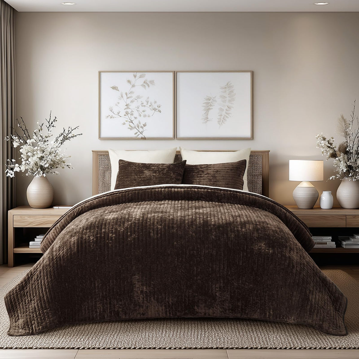 EverGrace Stripe Channel Luxury Velvet Quilt Set King Size, Mocha Brown