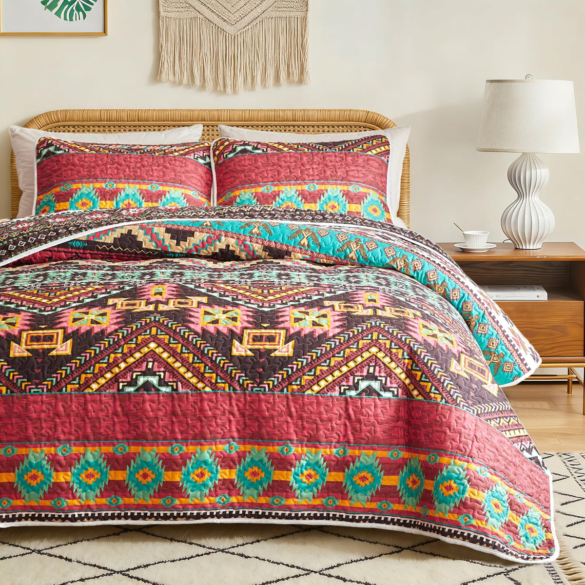 3 Pieces Colorful Boho Quilt Set Full Queen Size, Purple n Grey Bohemian Striped Printed Bedding Bedspread Coverlet Set for Summer, Soft Lightweight Microfiber Quilt with 2 Shams (88x88 inces)