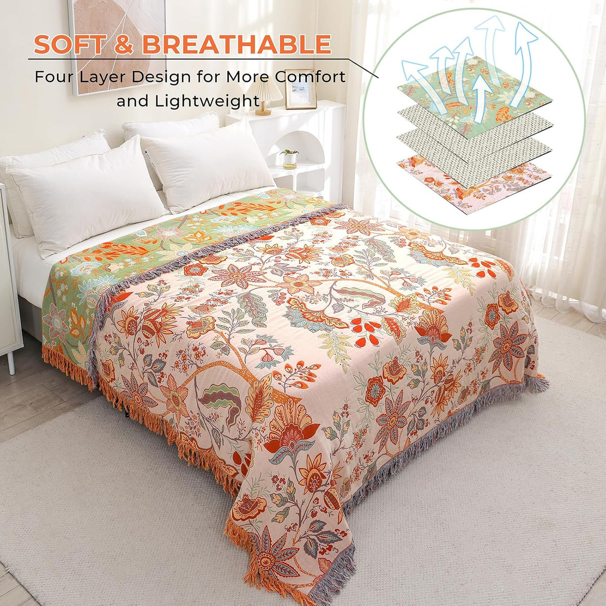 Floral Rustic Large Boho Throw Blanket 90"x98" Orange&Sage Green