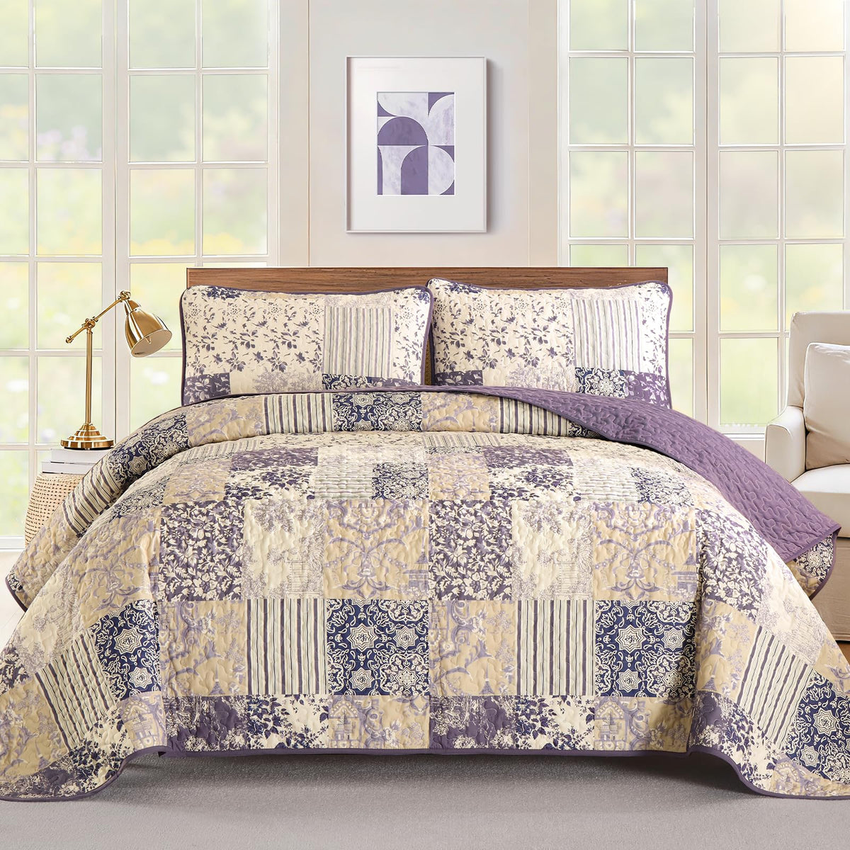 Drucon Green Patchwork Queen Quilt Set, Spring Summer Bedspreads Bedding Set, 3 Pieces Lightweight Soft Plaid Coverlet with 2 Pillow Shams for All Season 96x90 Inch
