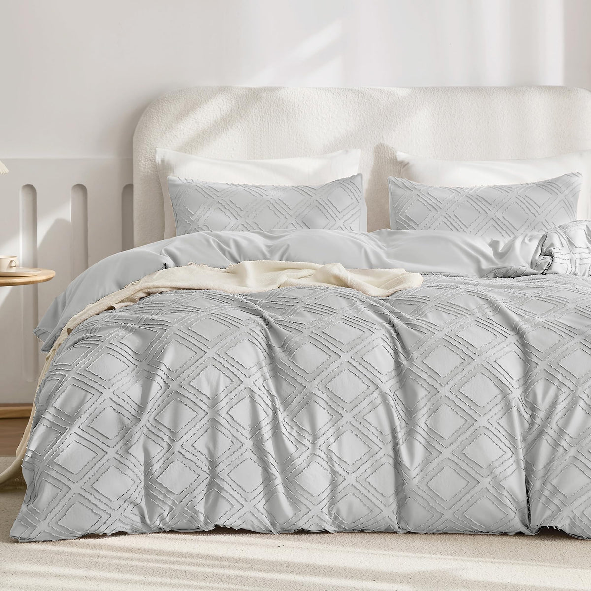 JELLYMONI White Striped Tufted Duvet Cover Set Queen Size