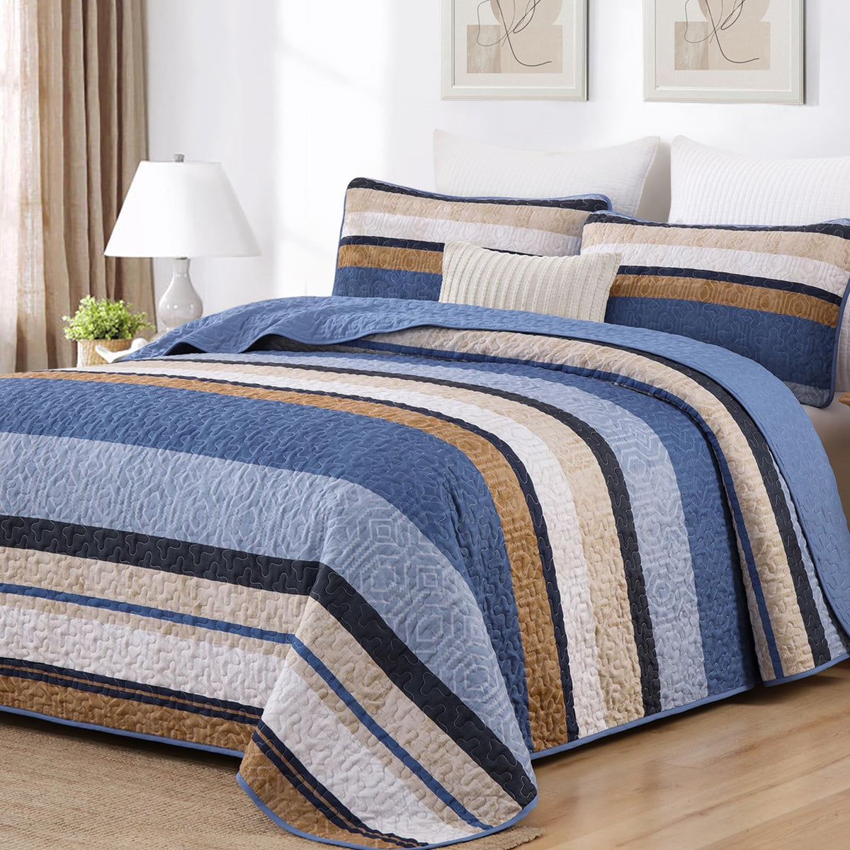 Dobuyly King Size Striped Quilt, Boho Brown Lightweight Bedspread Bedding