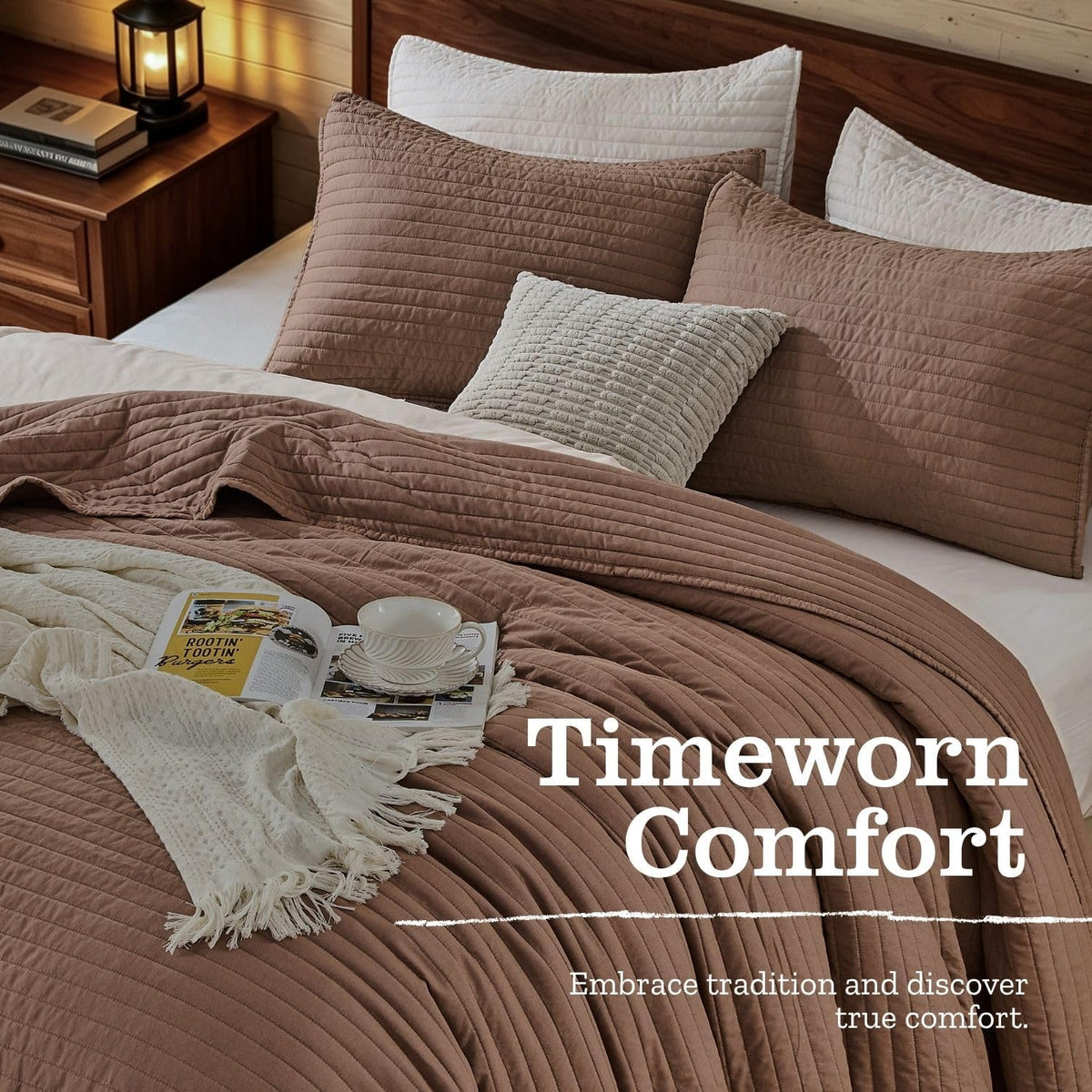 DOWN HOME King Quilt Bedding Set with Shams, Vintage Washed Quilted Blanket Thin Comforter Lightweight Bedspread Coverlet Bed Cover, Brushed Microfiber Stripe Stitching, Sandstone Brown, 104"x90"